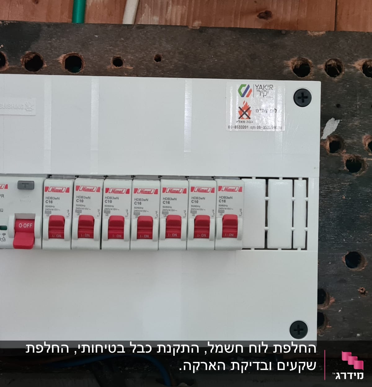 לוח חשמל עם מפסקים אדומים על קיר עץ